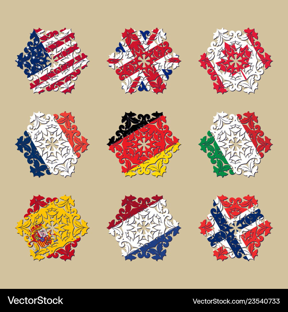Flags of countries in the form a snowflake Vector Image
