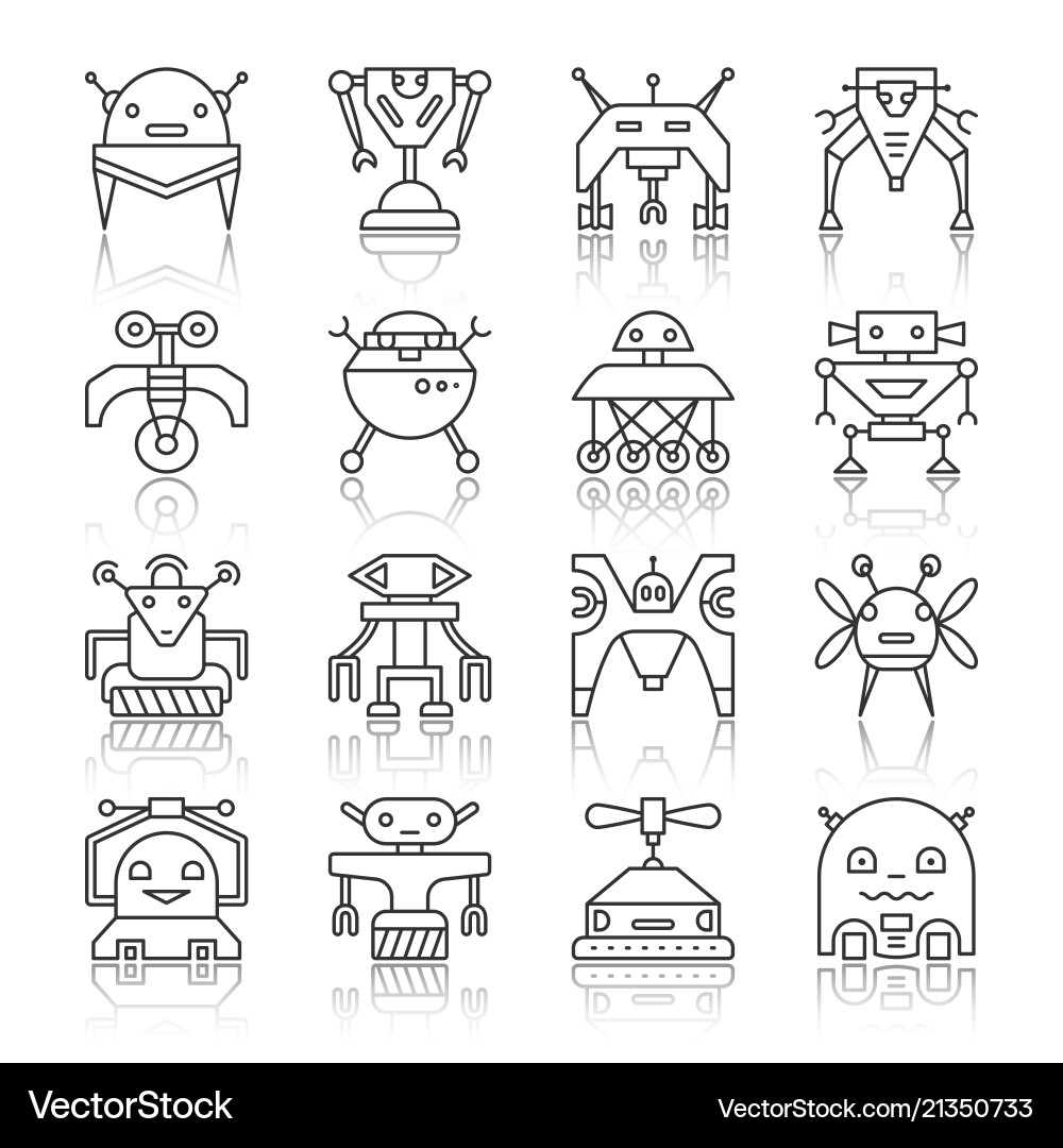 Robot transformer thin black line icon set Robot transformer thin black line icon set vector image