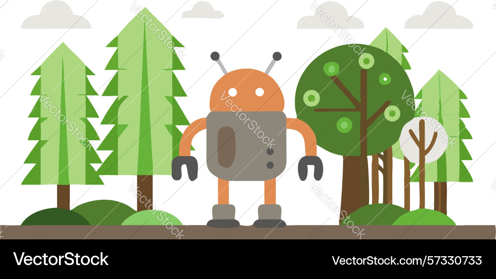 Robots coexisting in a lush forest environment Vector Image