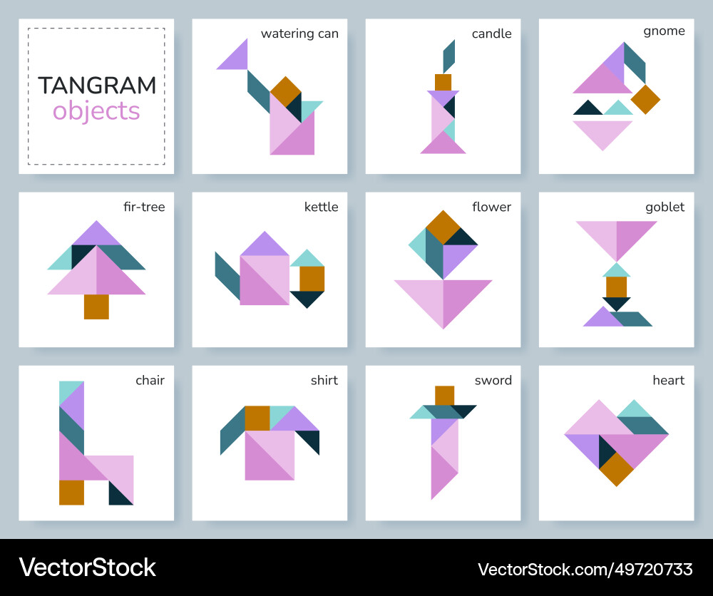 Tangram Puzzle-Set mit verschiedenen Objekten Vektorbild