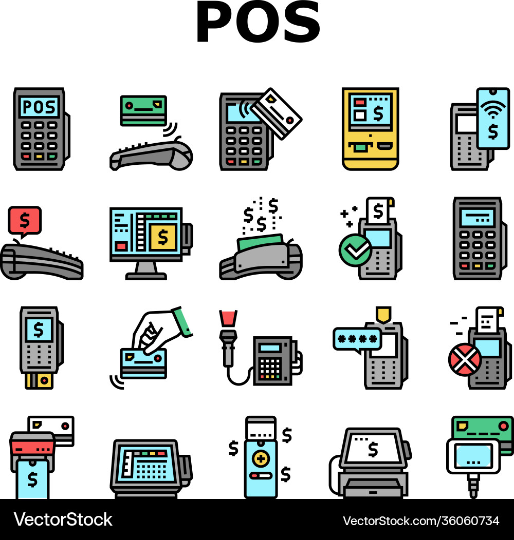 Pos terminal device collection icons set Pos terminal device collection icons set Vector Image