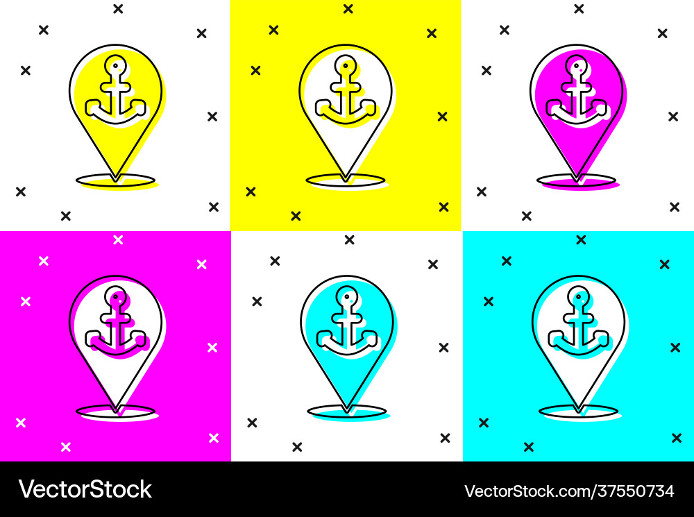 Set map pointer with anchor icon isolated on color Set map pointer with anchor icon isolated on color vector image
