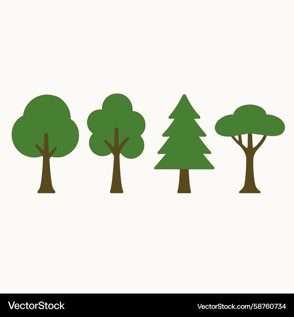 Set of Four Green Trees - Flat Style Vector Image