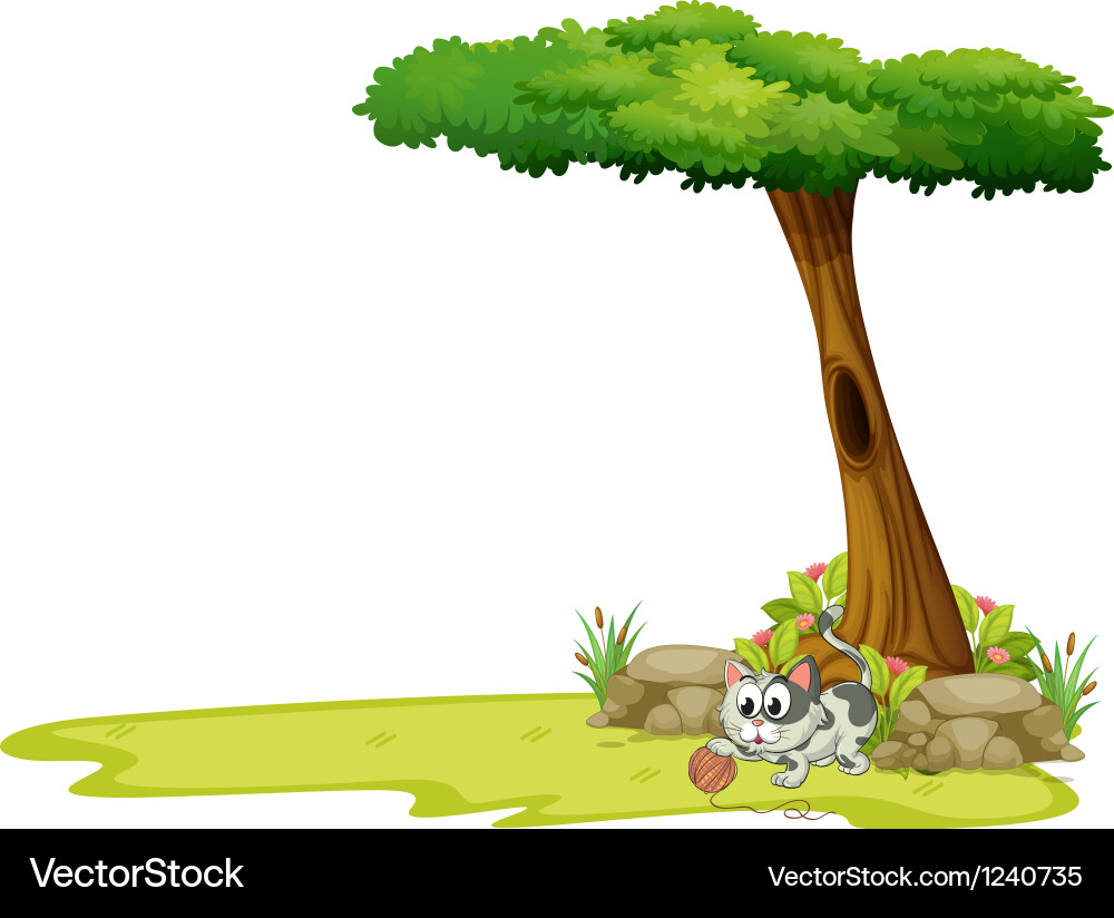 A gray cat playing with string ball under tree vector image