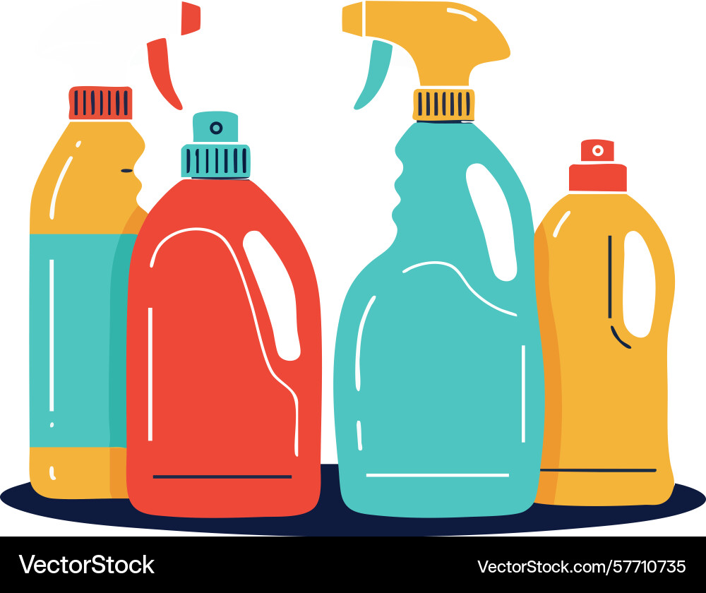 Cleaning bottles and spray containers set in red Vector Image