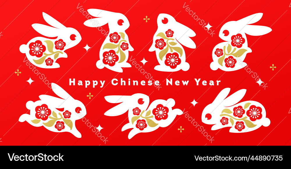 Collection of white bunnies with sakura flowers Collection of white bunnies with sakura flowers vector image