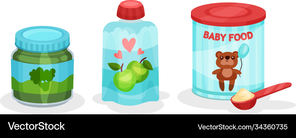 Dry formula and broccoli puree in can set Dry formula and broccoli puree in can set vector image