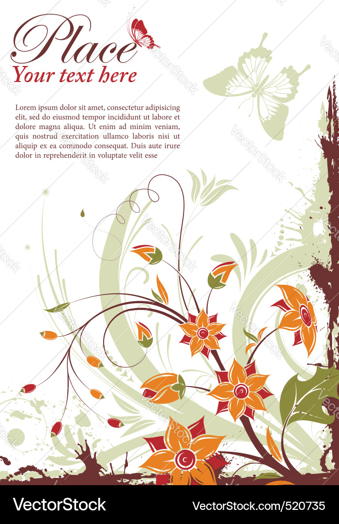 Grunge Floral Frame with Butterfly Vector Image