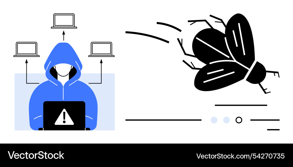 Hacker in hoodie with laptop and flying bug Hacker in hoodie with laptop and flying bug vector image