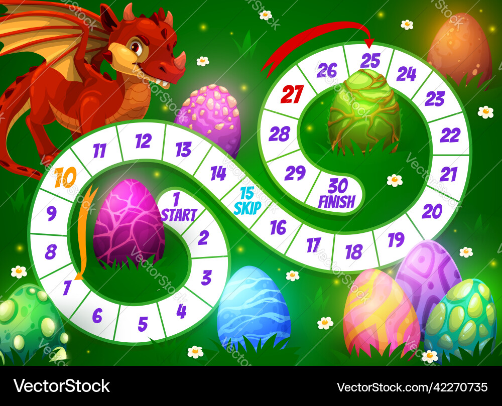 Kids board dice game with cartoon dragon and eggs Kids board dice game with cartoon dragon and eggs vector image