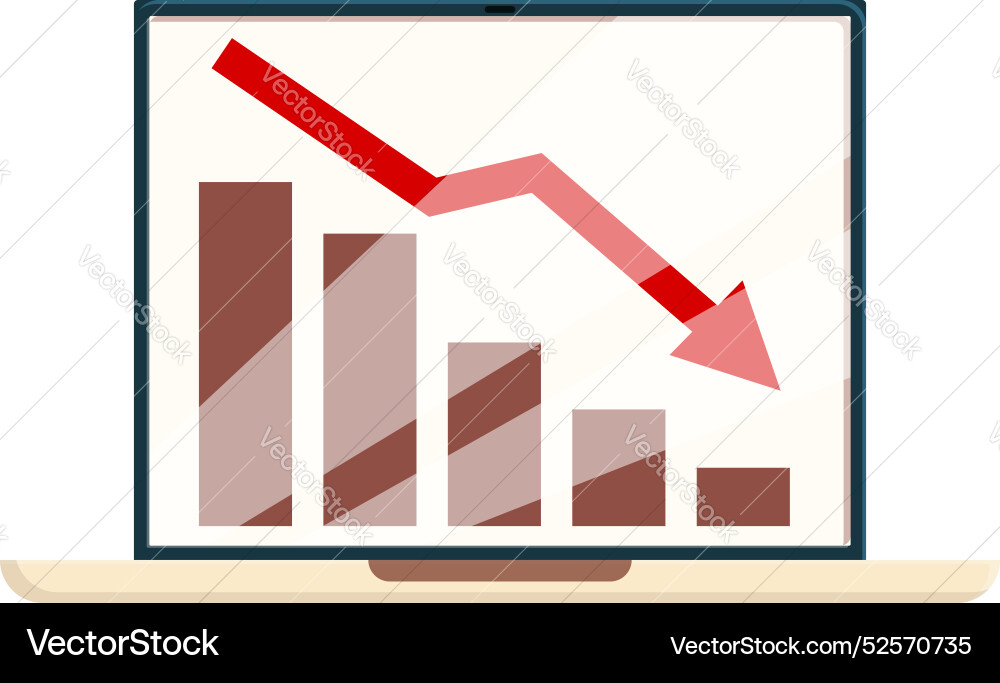 Laptop showing graph going down representing Vector Image
