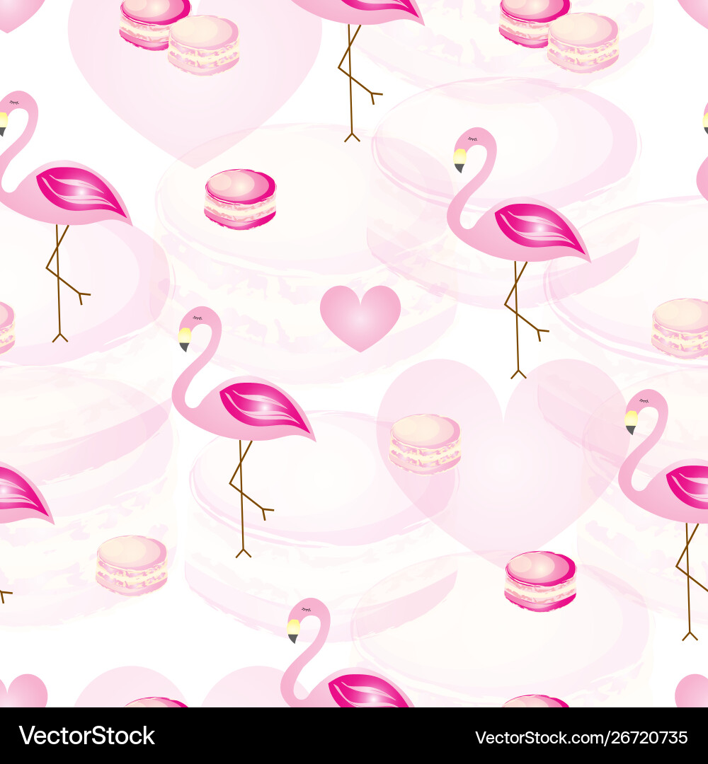 Seamless pattern with flamingos and macaroons vector image