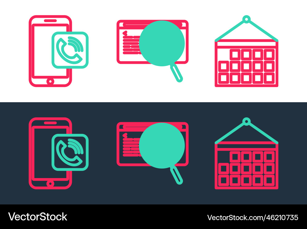 Set line calendar mobile phone call and system Set line calendar mobile phone call and system vector image