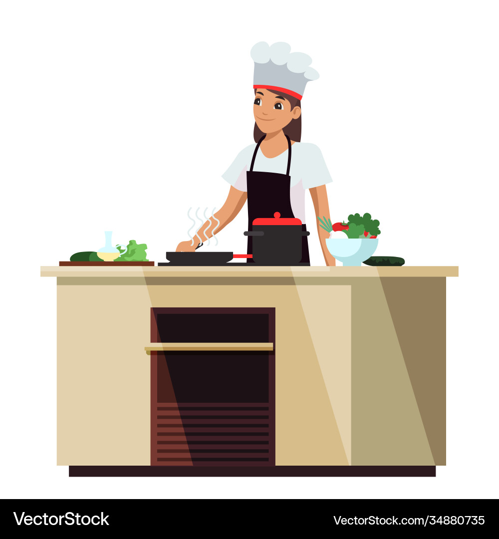 Smiling girl cook preparing food isolated on white Smiling girl cook preparing food isolated on white vector image