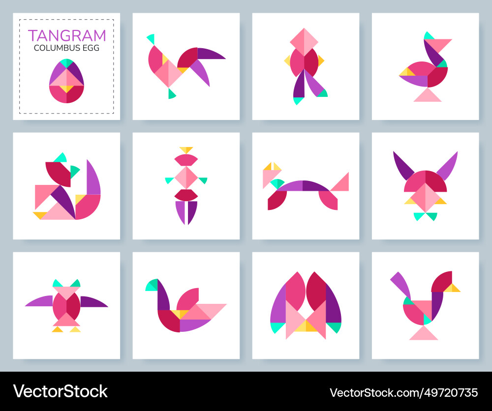Tangram puzzle set with various objects Tangram puzzle set with various objects vector image