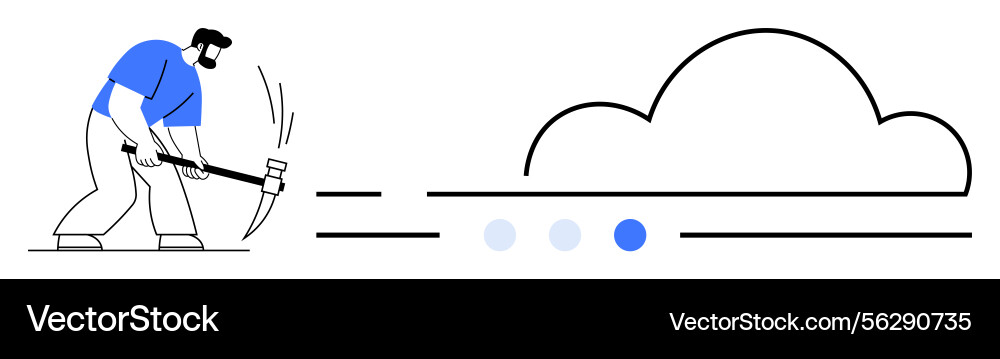 Worker mining data with pickaxe next to cloud Worker mining data with pickaxe next to cloud vector image