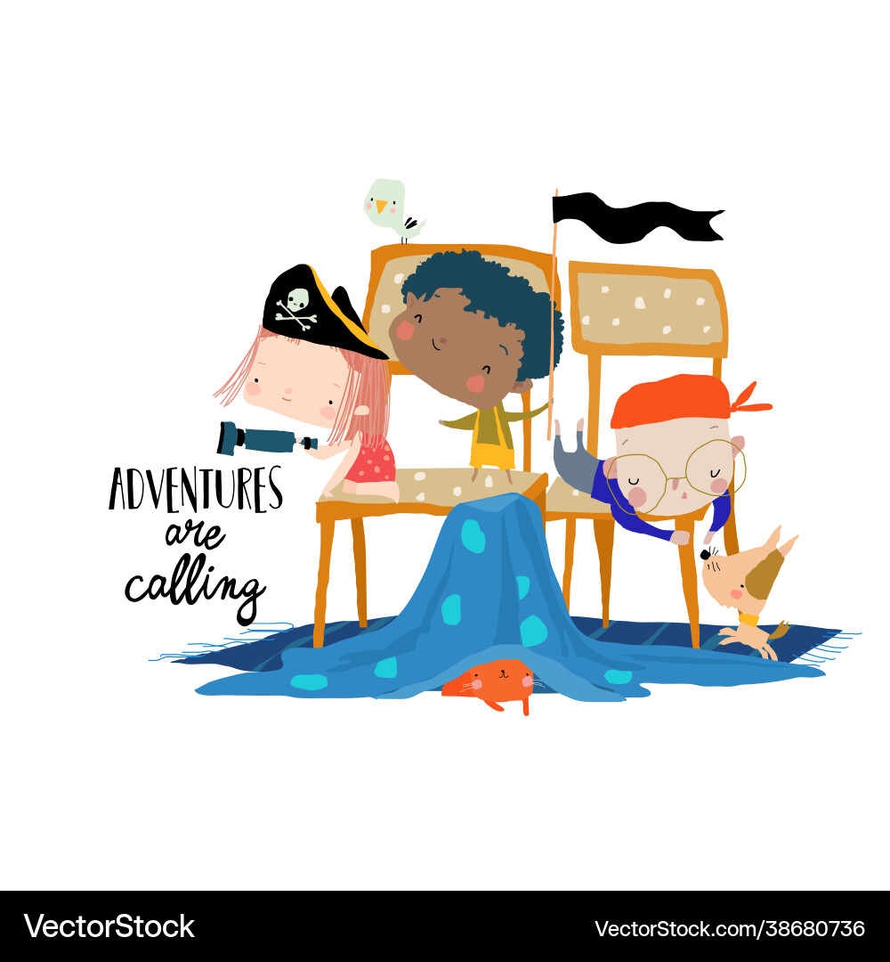 Happy cartoon kids playing in pirates with chairs Vector Image