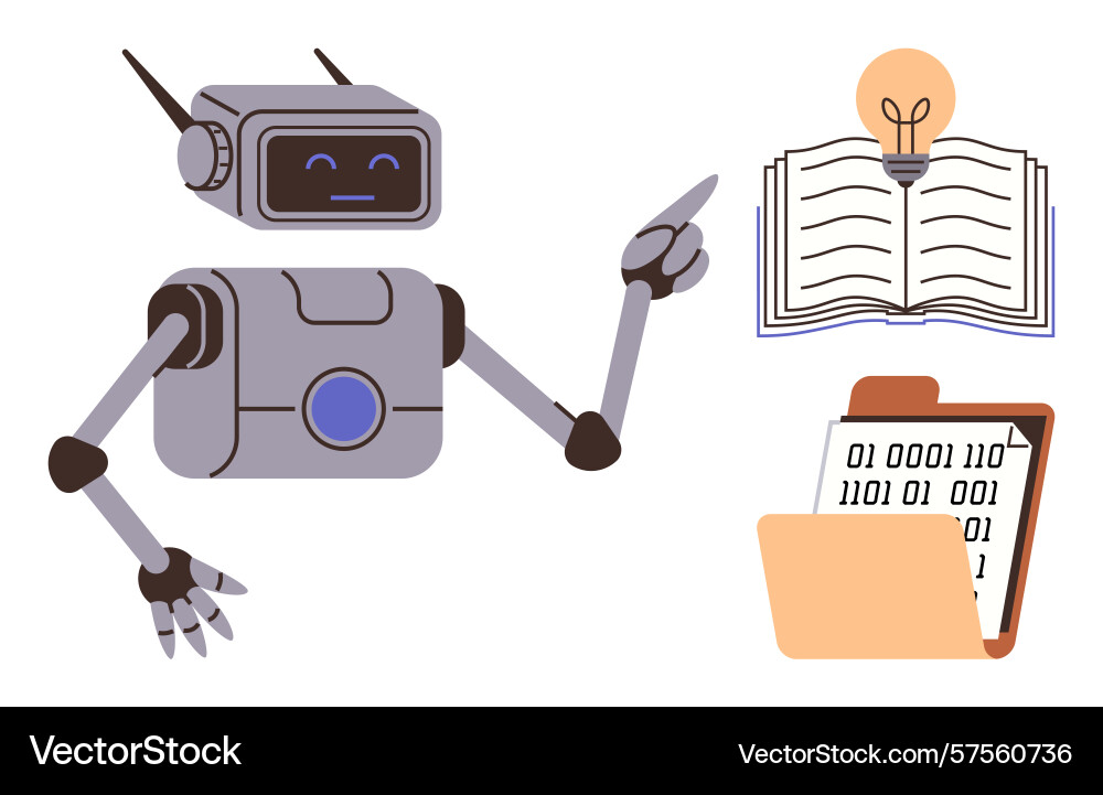 Robot explaining data with open book lightbulb Robot explaining data with open book lightbulb vector image