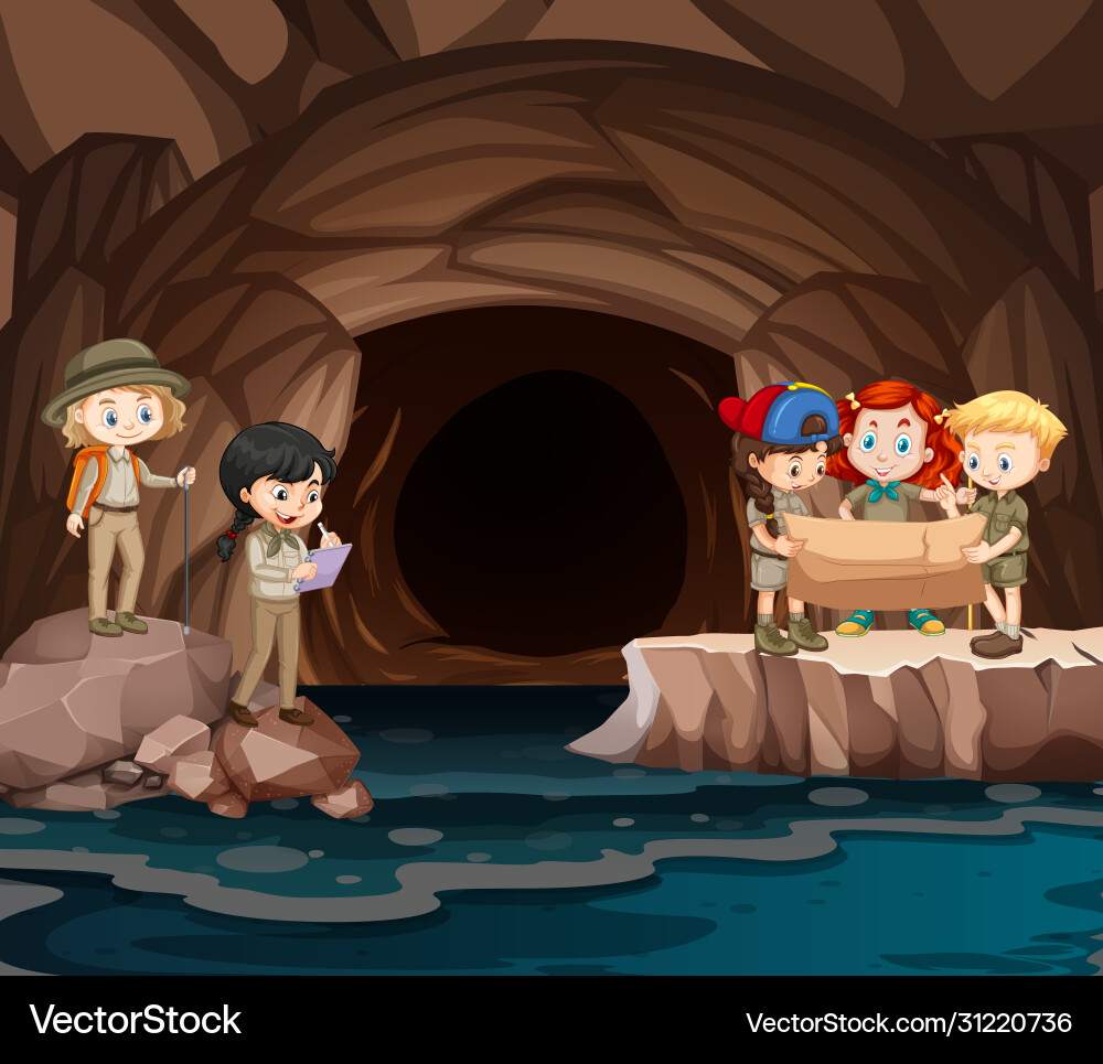 Scene with group scouts exploring cave vector image