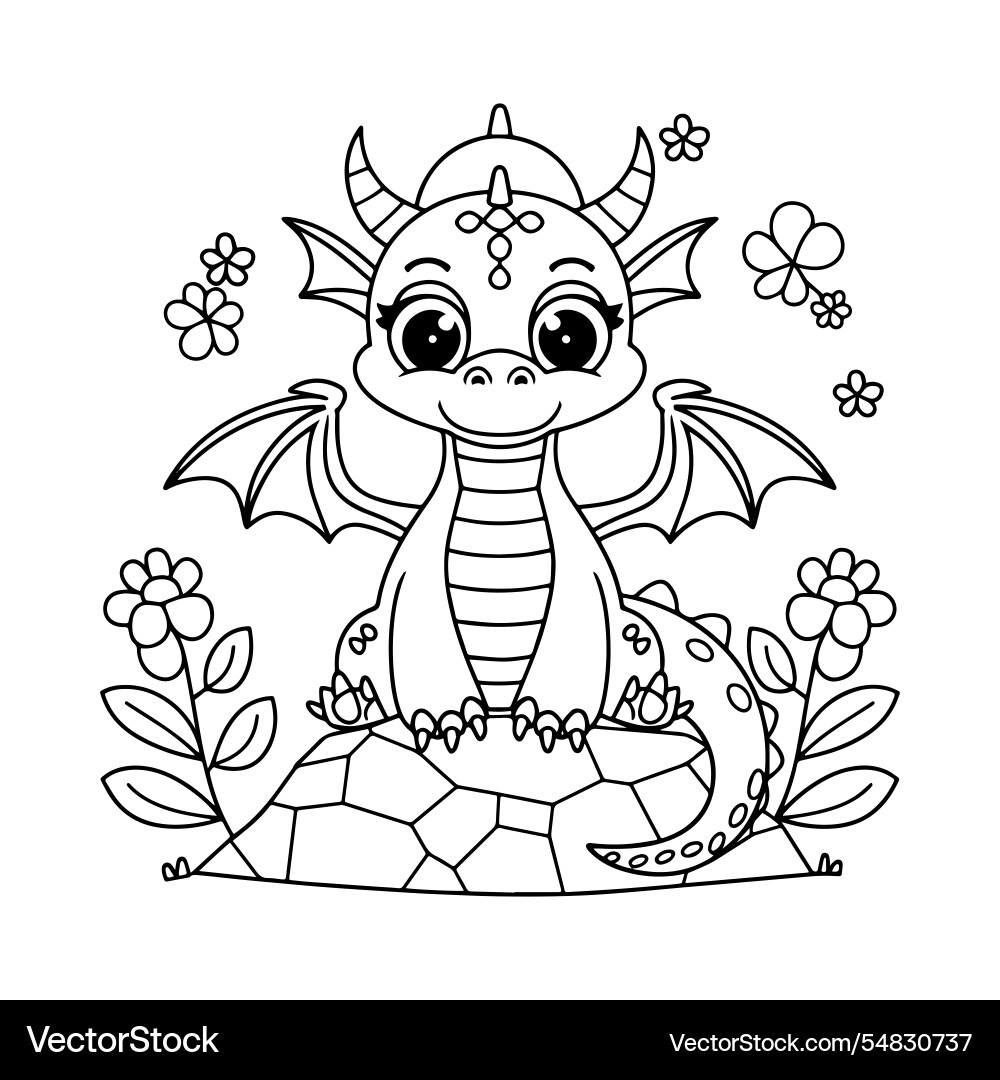 Cute Dragon Line Art Coloring Page Vector Image