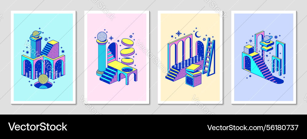 Psychedelic y2k poster stairs and surreal portals Psychedelic y2k poster stairs and surreal portals vector image