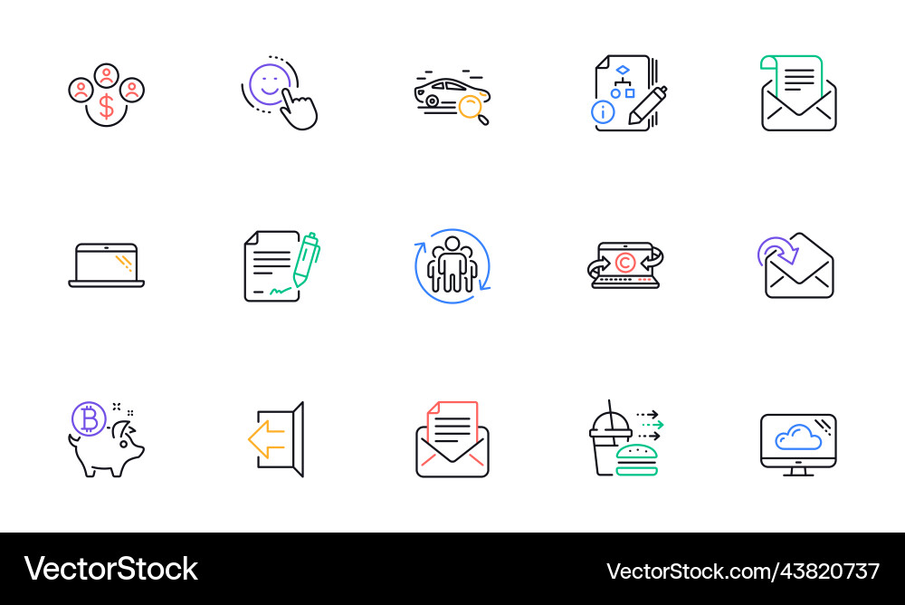 Search car algorithm and smile line icons Search car algorithm and smile line icons vector image
