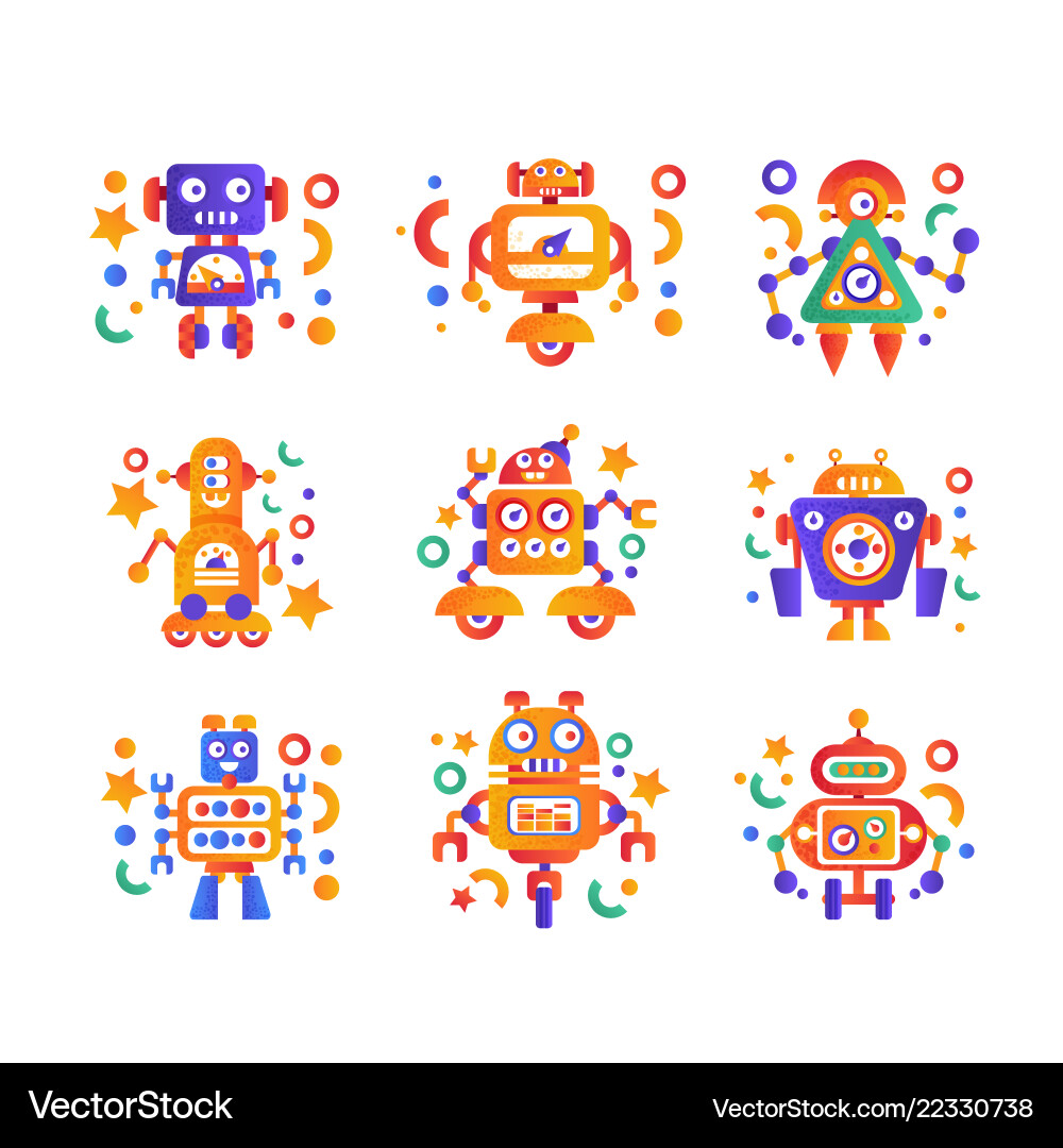 Cute funny robots set android characters Cute funny robots set android characters vector image