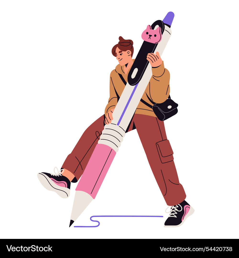 Happy girl writing takes notes with cute pen Happy girl writing takes notes with cute pen Vector Image