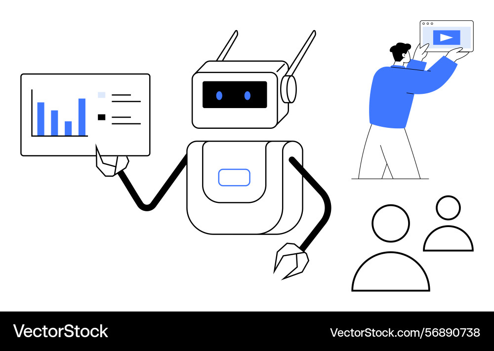 Robot presenting data charts with man holding Robot presenting data charts with man holding vector image