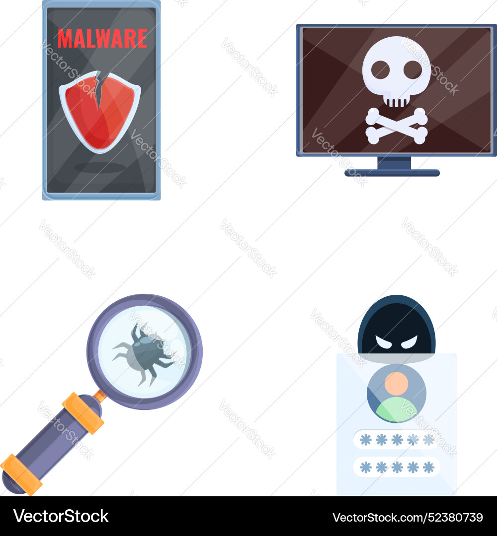 Cybercrime icons set cartoon computer bug Cybercrime icons set cartoon computer bug Vector Image