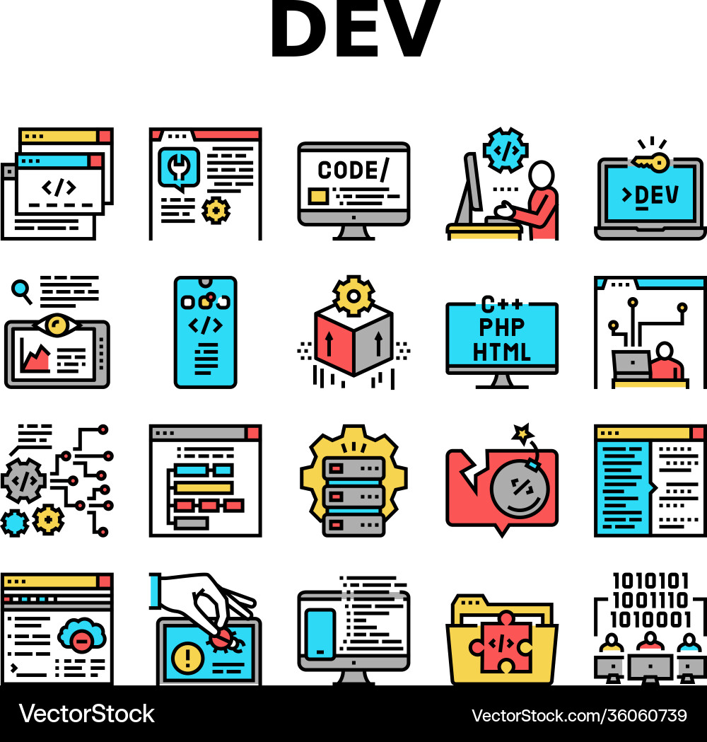 Dev code occupation collection icons set Dev code occupation collection icons set vector image
