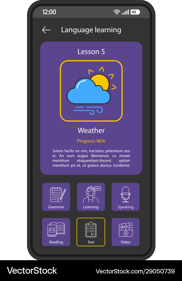 Language learning app smartphone interface Language learning app smartphone interface vector image