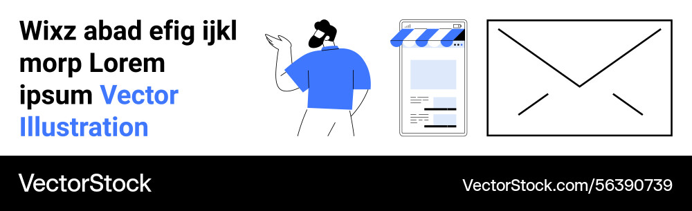 Man pointing at mobile storefront and envelope Man pointing at mobile storefront and envelope vector image