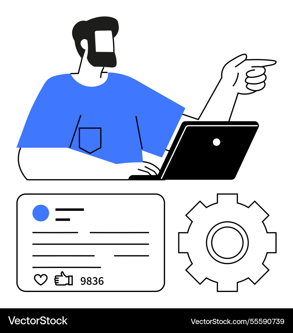Man working on a laptop while pointing profile Man working on a laptop while pointing profile vector image