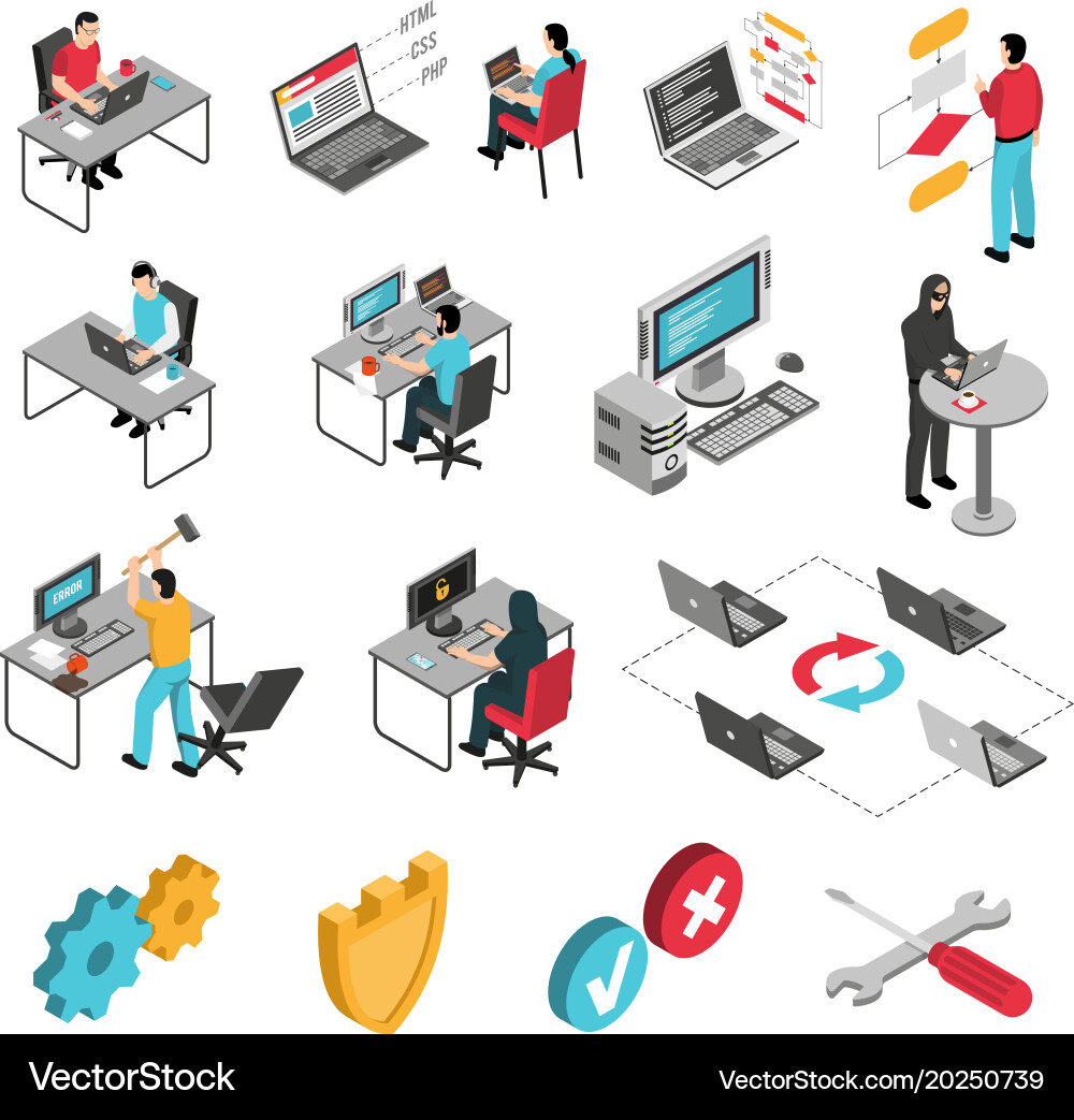 Programmer Isometric Icons Set vector image