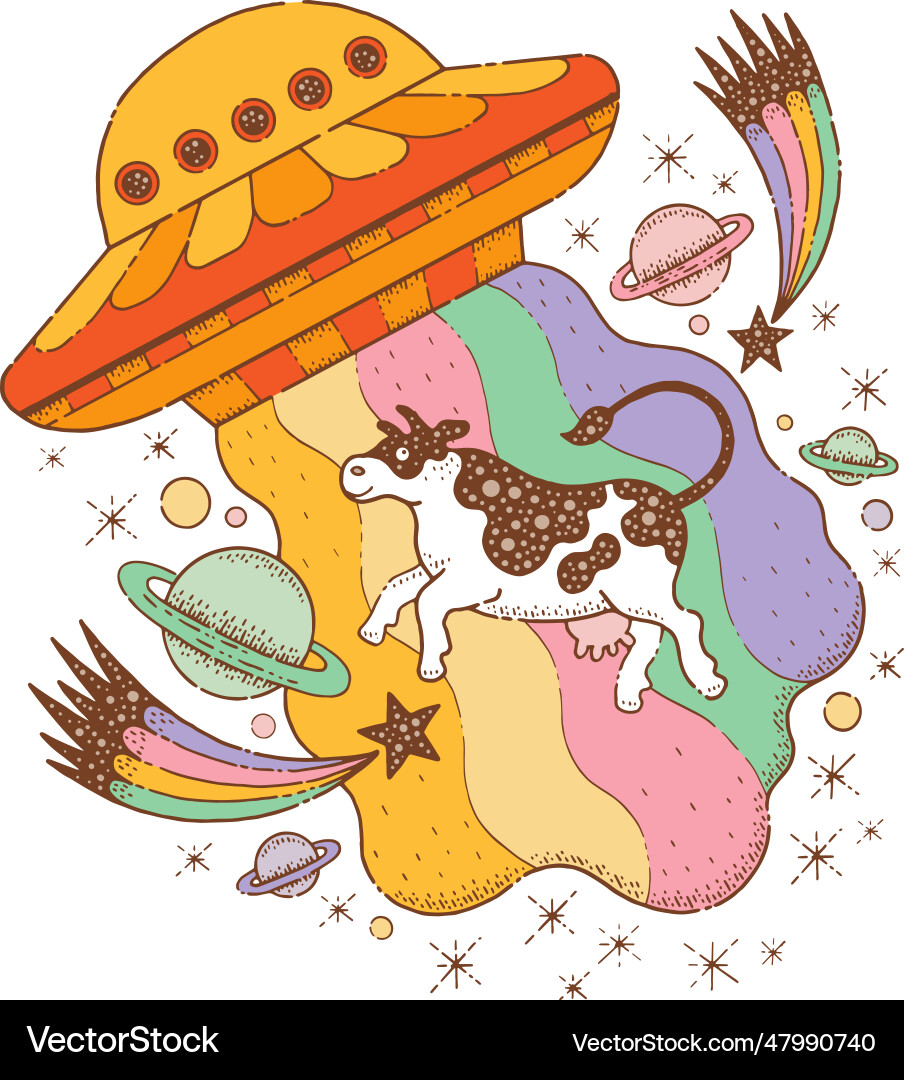 Cow abduction by ufo alien spaceship retro Vector Image