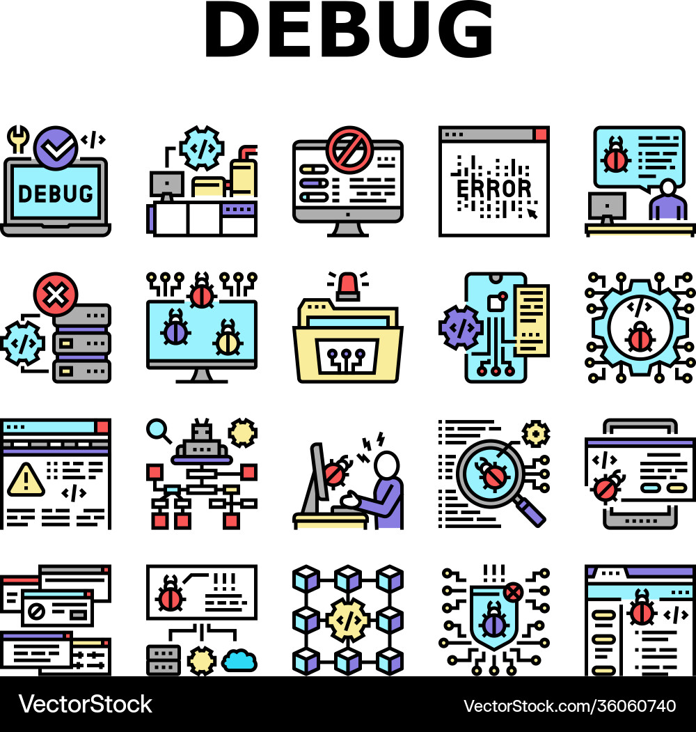 Debug research and fix collection icons set Debug research and fix collection icons set vector image