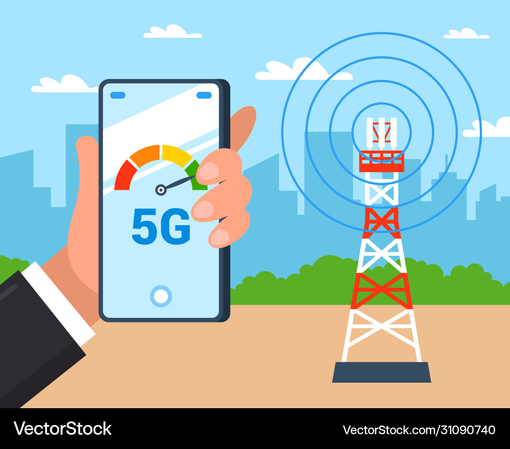 Internet tower distributes 5g checking Internet tower distributes 5g checking Vector Image