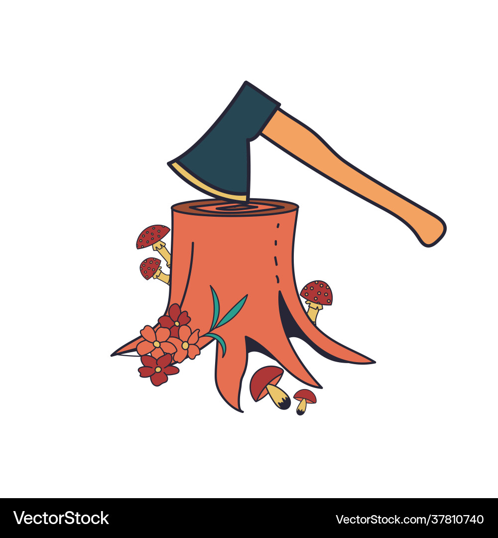 Old tree stump with roots and axe image vector image