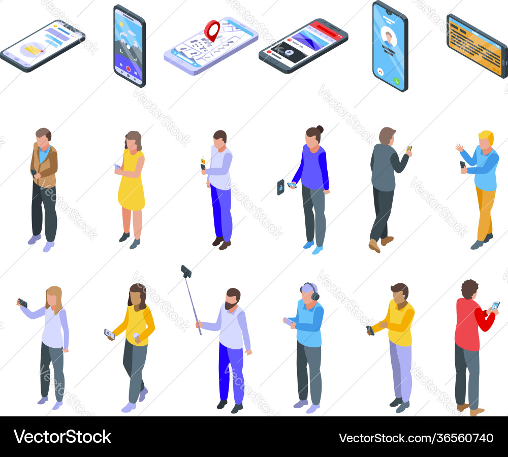 Using smartphone icons set isometric style Using smartphone icons set isometric style Vector Image