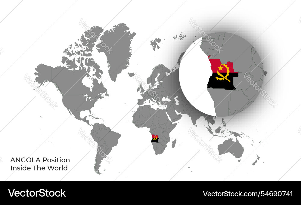 Angola position inside the world with flag in map vector image