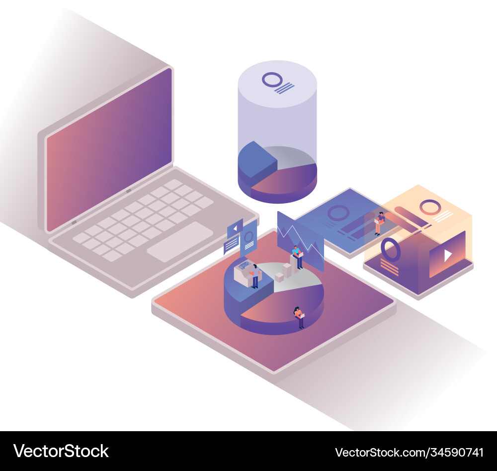 People and charts with statistics pie laptop People and charts with statistics pie laptop vector image
