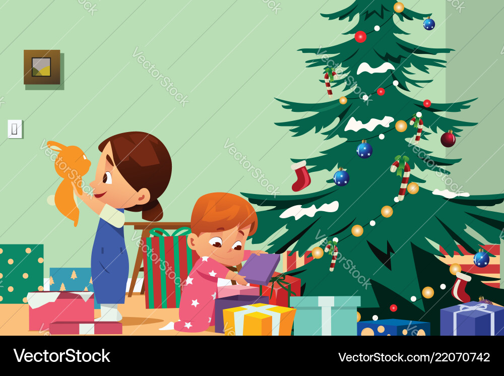 Kinder öffnen Weihnachtsgeschenke Kinder öffnen Weihnachtsgeschenke vektorbild