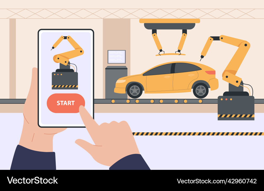 Man controlling conveyers work using phone Man controlling conveyers work using phone Vector Image