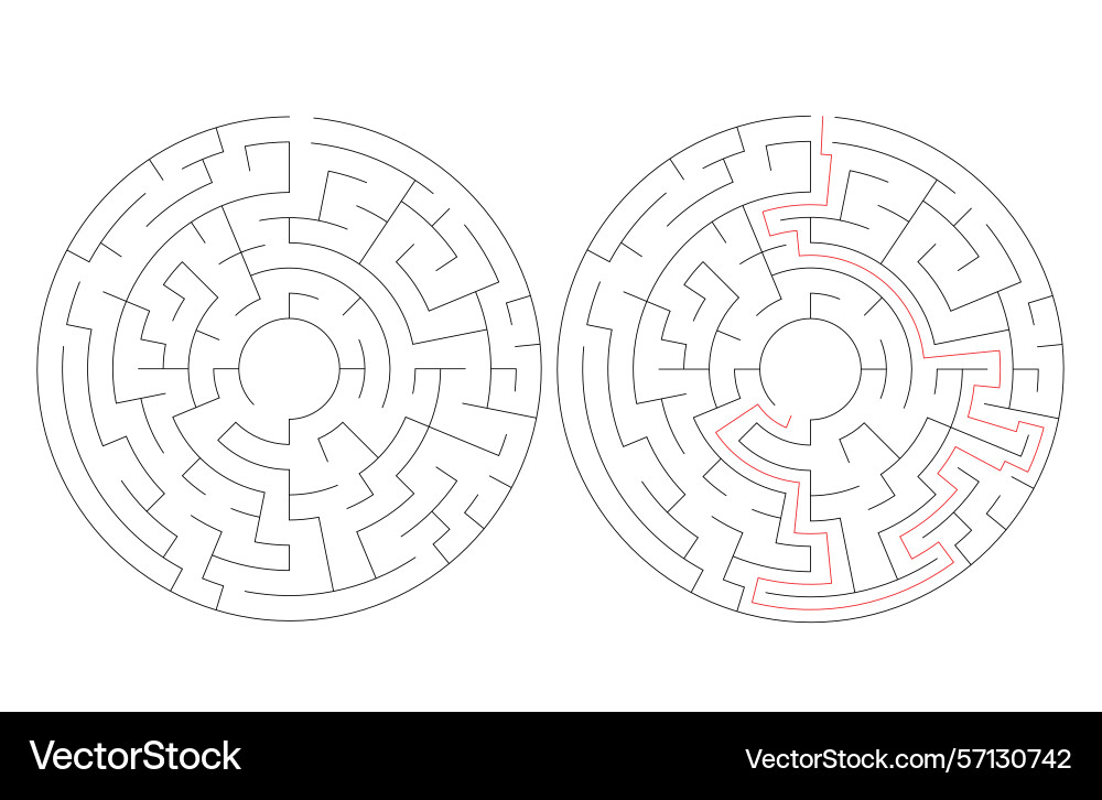 Mazes one solved with a red path vector image