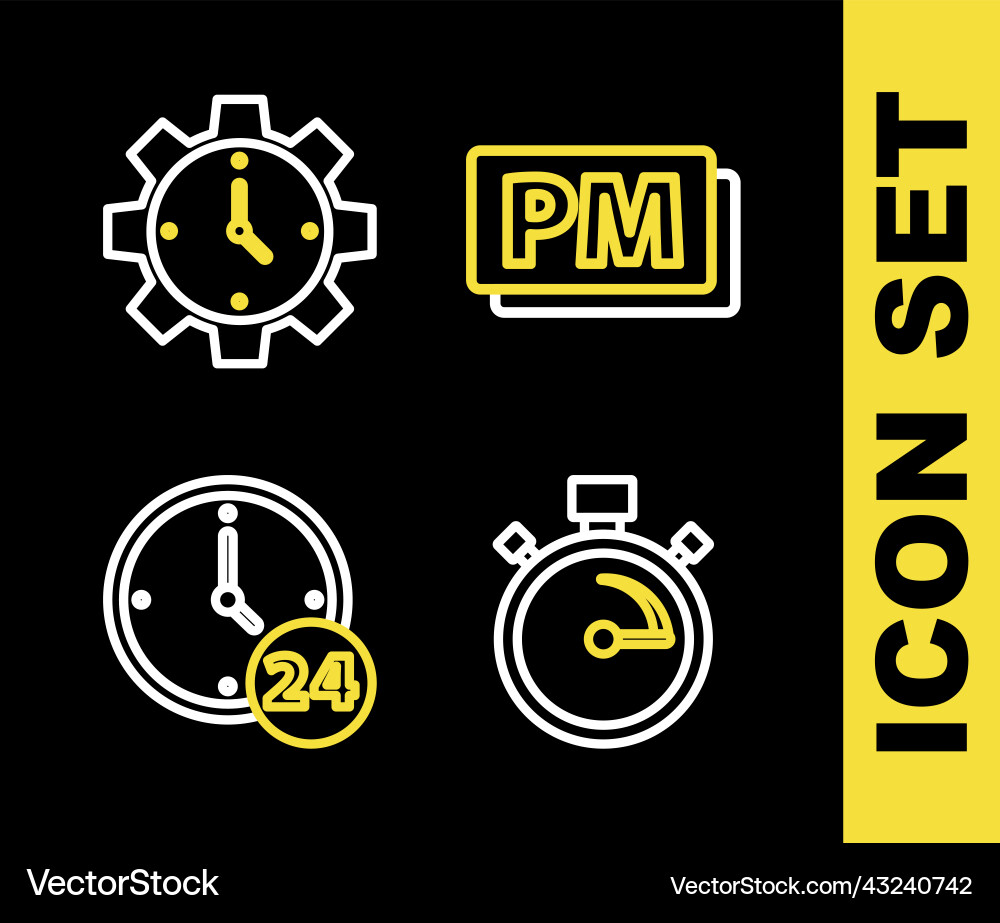 Set line clock pm stopwatch 24 hours and time Set line clock pm stopwatch 24 hours and time Vector Image