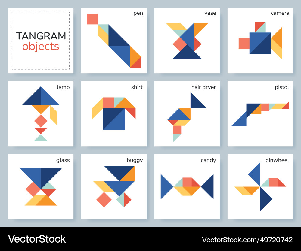 Tangram puzzle set with various objects Tangram puzzle set with various objects vector image