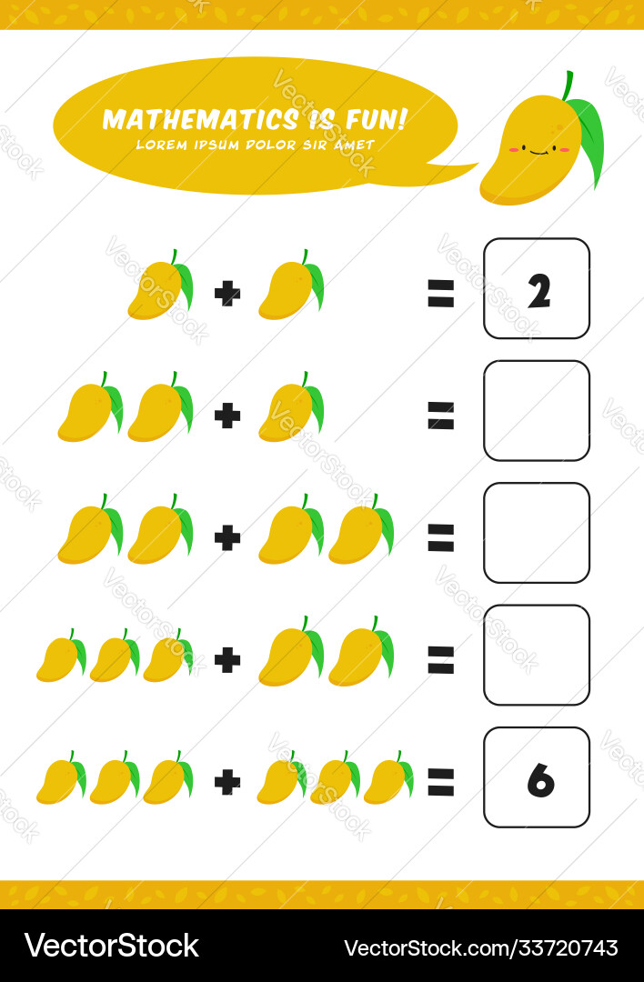 Preschool addition mathematics learn worksheet vector image