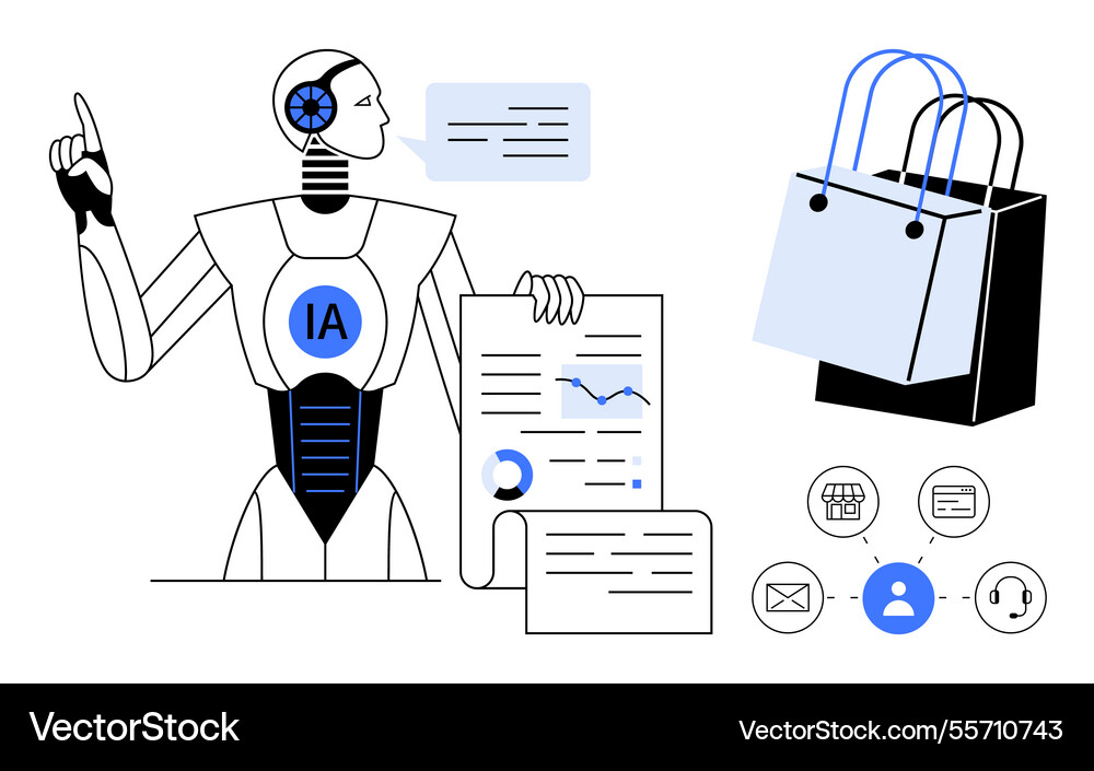 Robot analyzing data and holding document near Robot analyzing data and holding document near vector image