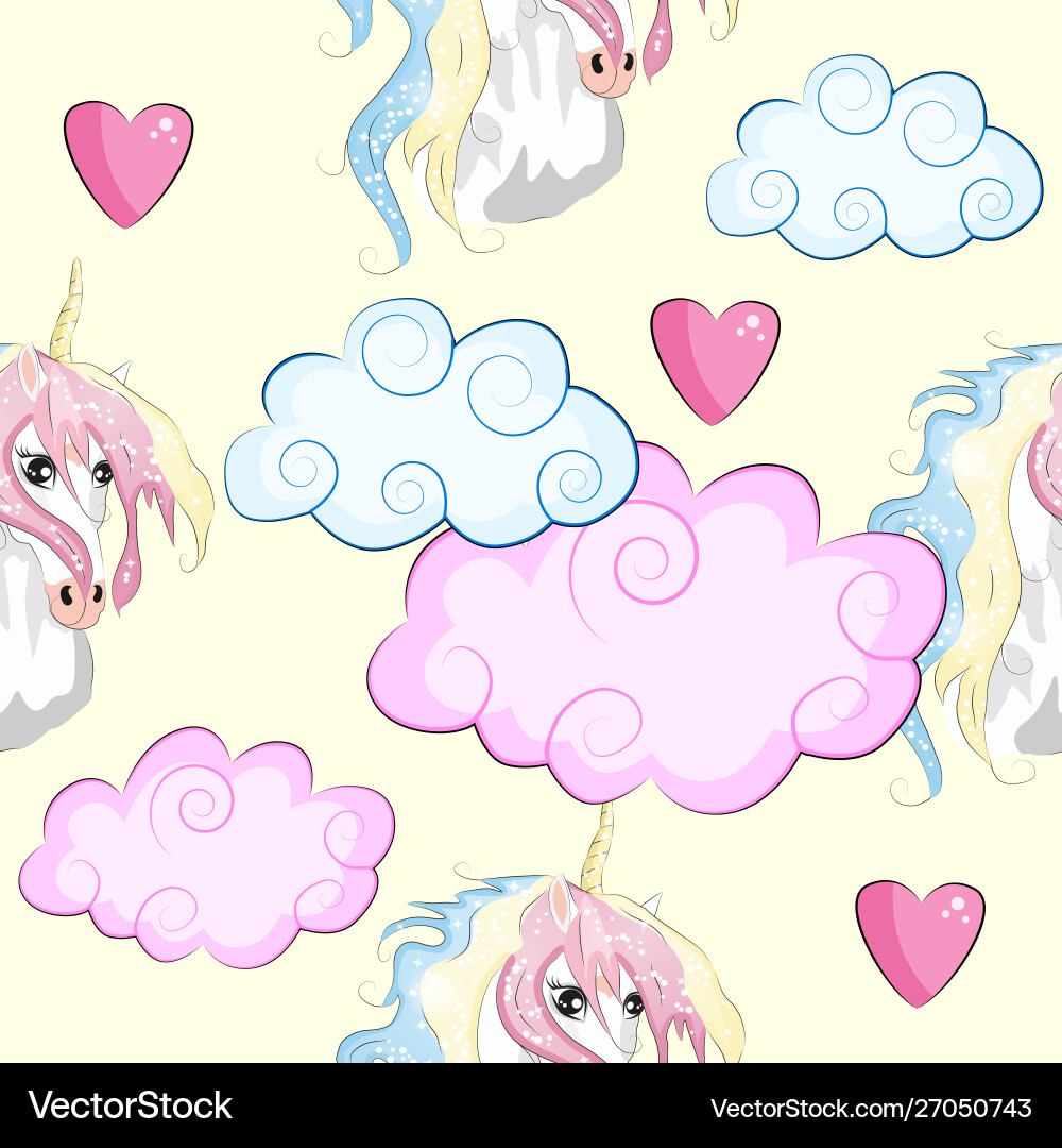 Seamless pattern with unicorns stars clouds Seamless pattern with unicorns stars clouds Vector Image